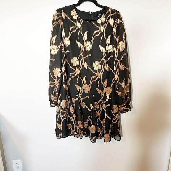 Tommy Hilfiger black and gold floral chiffon trapeze dress size 10 - Picture 2 of 14